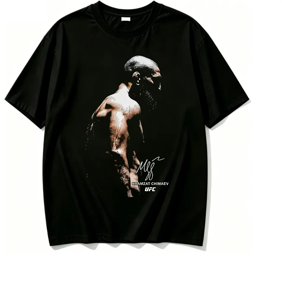 100% Cotton UFC Khamzat Chimaev Muscular Side Profile Fighter Portrait Signature Print T Shirt Monochrome Splash Effect Combat Sports Athlete Art Lightweight Comfort Cotton Short Sleeve MMA Fight Fan Casual White Tee