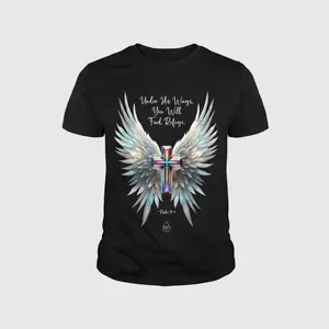 LeoMiles Plus Size Women'S Casual T-Shirt with Inspirational Cross & Angel Wings Graphic - Round Neck, Short Sleeve, Slightly Stretch Knit Fabric, Comfortable All-Season Top for Casual Attire, Ladies T Shirts