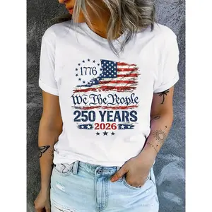 &Lt;We Are The People&Gt; Patriotic T-Shirt For The 250th Anniversary Of 1776-2026 |   Vintage American Flag Distressed Print Women'S Casual Crew Neck T-Shirt