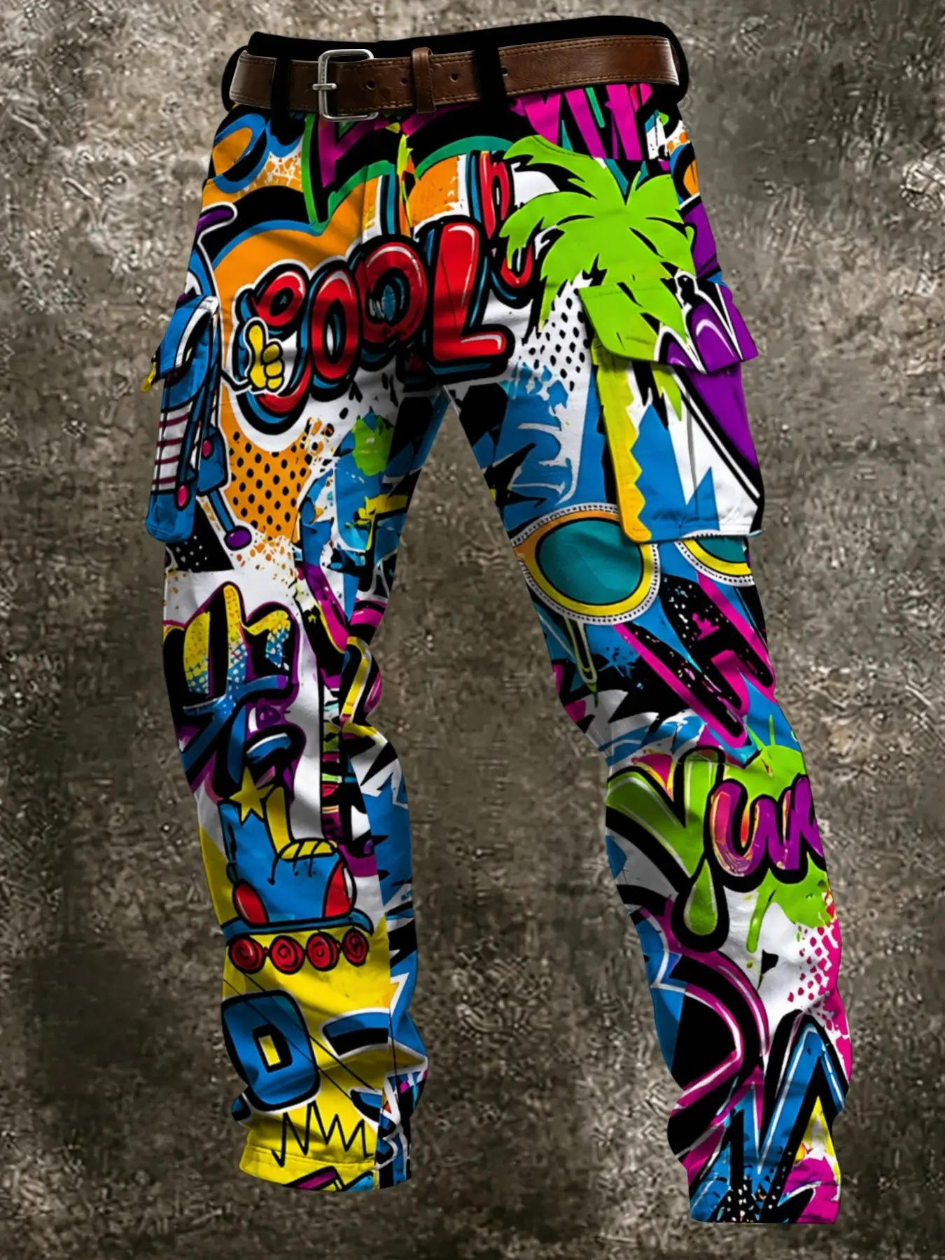 High Saturation Trendy Graffiti Letter Palm Tree All over Print Cargo Pants, Summer Hip Hop Skate Street Multi-Pocket Long Pants