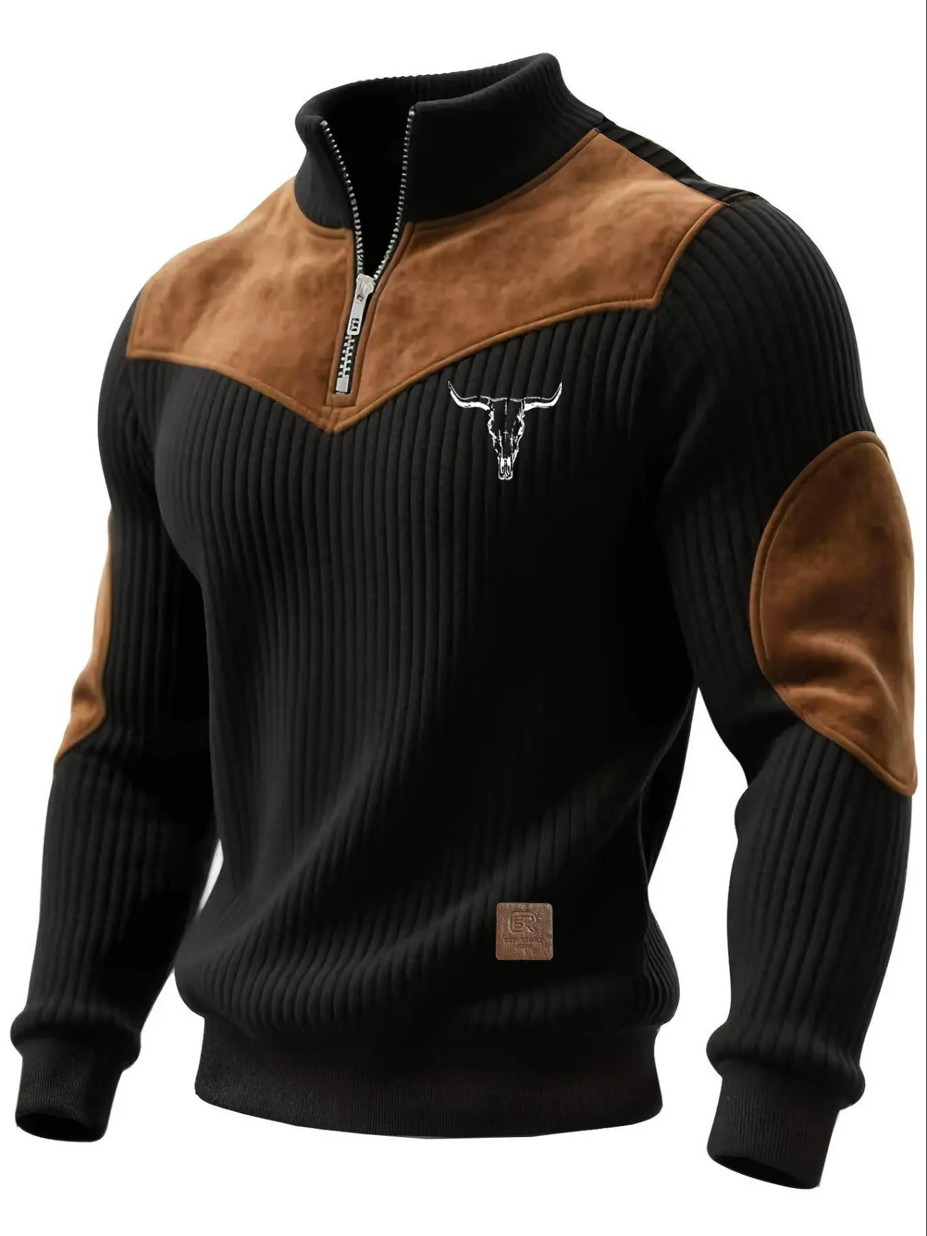 Men's Stand Collar Pullover Top, Autumn Winter Warm Half-Zip, Bull Head Print Patchwork Ribbed Retro Streetwear Sweatshirt, Knitted Casual Top