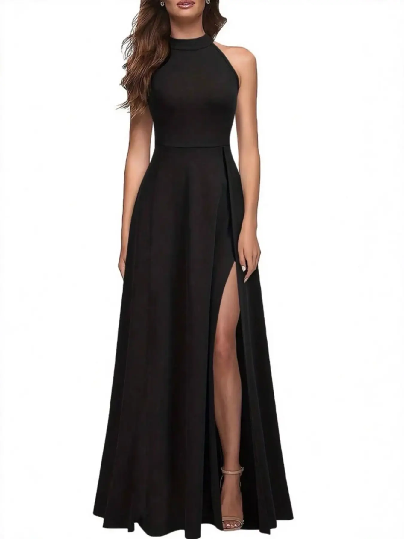 Women’s Halter Neck Maxi Dress, Elegant Sleeveless High Slit Evening Gown, Formal Long Dress, Wedding Guest Cocktail Party Dress, Elegance