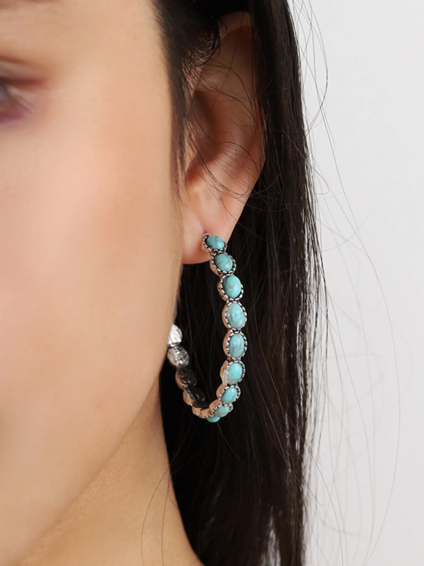 AEONBLULI Western Turquoise Hoop Earrings for Women, Vintage Silver Oval Bezel Statement Hoops, Birthday Christmas Cowgirl Gift