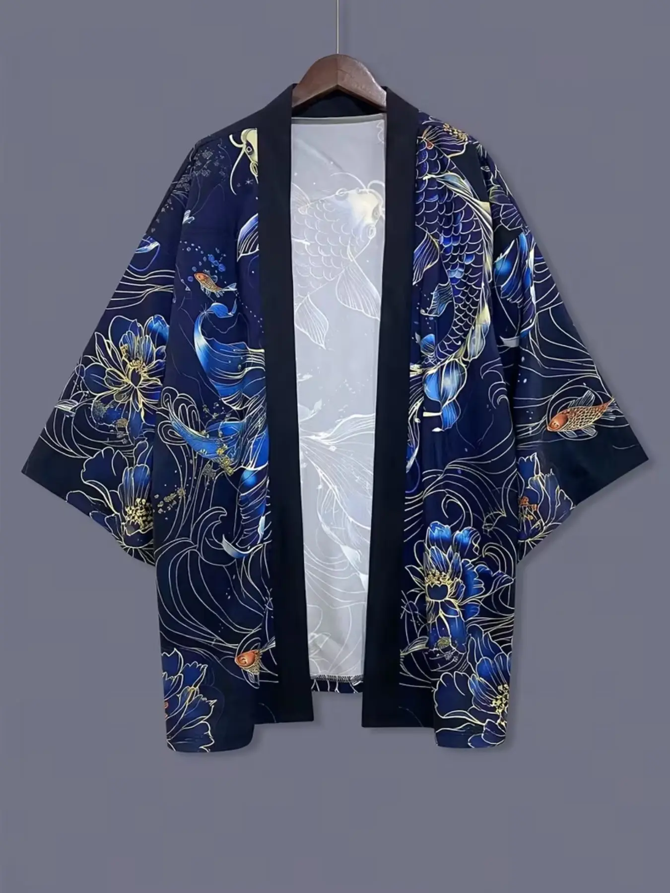 Men's Lightweight Kimono Open Front Top, Deep Color Base Gold Line Koi Fish Pattern, Street Style Beach Cover-Up, Seven-Quarter Sleeve