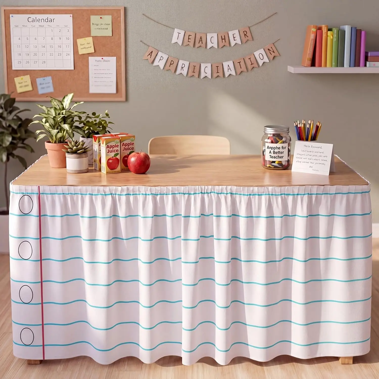 Chumia 14ftx30in Polyester Print Desk Skirt, Notebook Line Pattern Pencil-Themed Cover for Rectangle/Kidney Desks, Teacher Appreciation Classroom Decor for Back to School Supplies