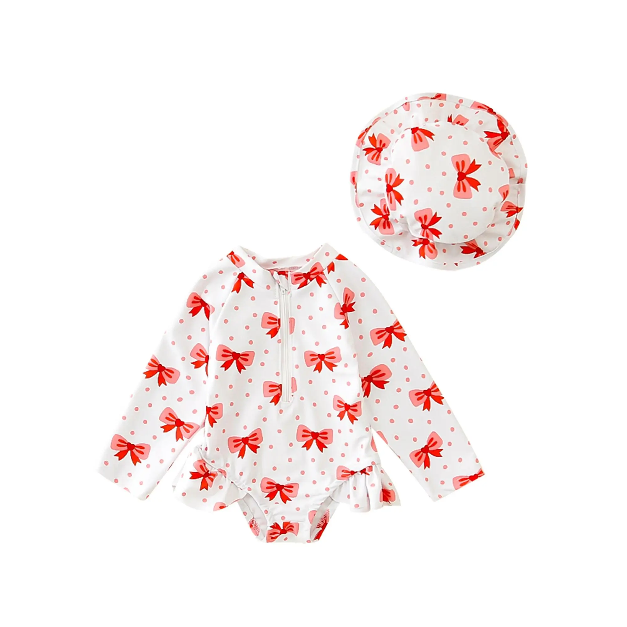 Cpzvucak Toddler Infant Baby Girl Beach Swim Set Ruffle Zipper Long Sleeve Bathing Suit With Coordinating Cherry Floral Hat 0-3Years