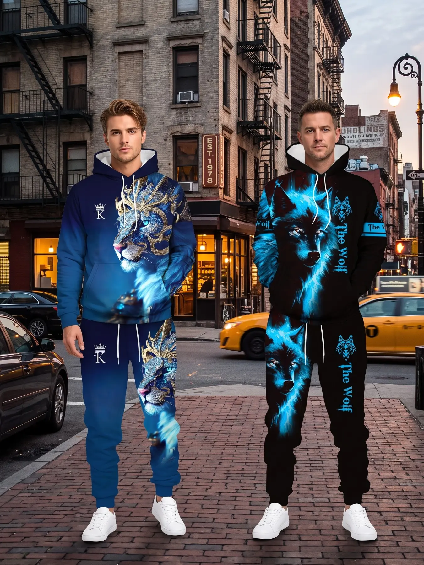 Men's 4-Piece Set with Blue Gold Leopard and Blue Flame Wolf Print, Crown K Pattern Hoodie and Jogger Pants, Streetwear