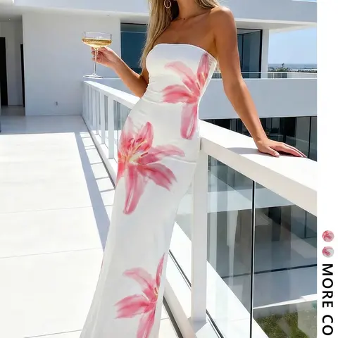 Women's Floral Strapless Maxi Dress, Fashion Dress, Chic, Perfect for Beach Vacations, Sexy Formal Party Wear, All Seasons Elegant Summer Dress