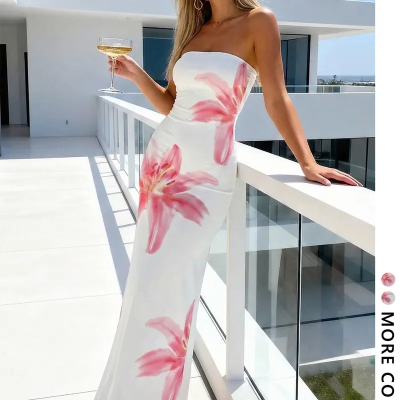 Women's Floral Strapless Maxi Dress, Fashion Dress, Chic, Perfect for Beach Vacations, Sexy Formal Party Wear, All Seasons Elegant Summer Dress