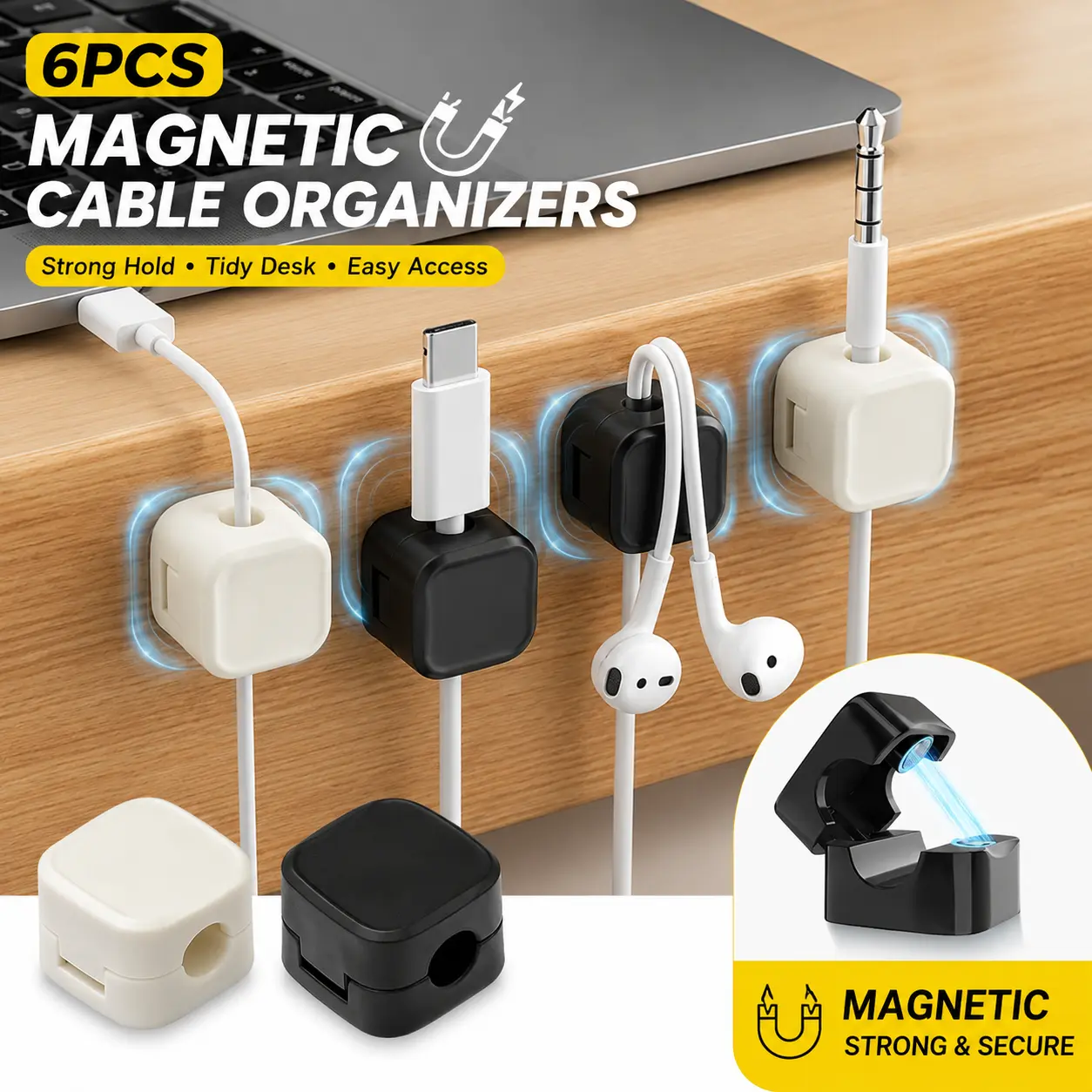 6Pcs Magnetic Cable Clamp, Adjustable Anti-Slip Cable Organizer, Cable Management Tool, Cable Management Kit for Home Office Desk,Desk Organizers & Accessories, Under Desk Organizer, Desk Mount, Desk Accessory-YY1