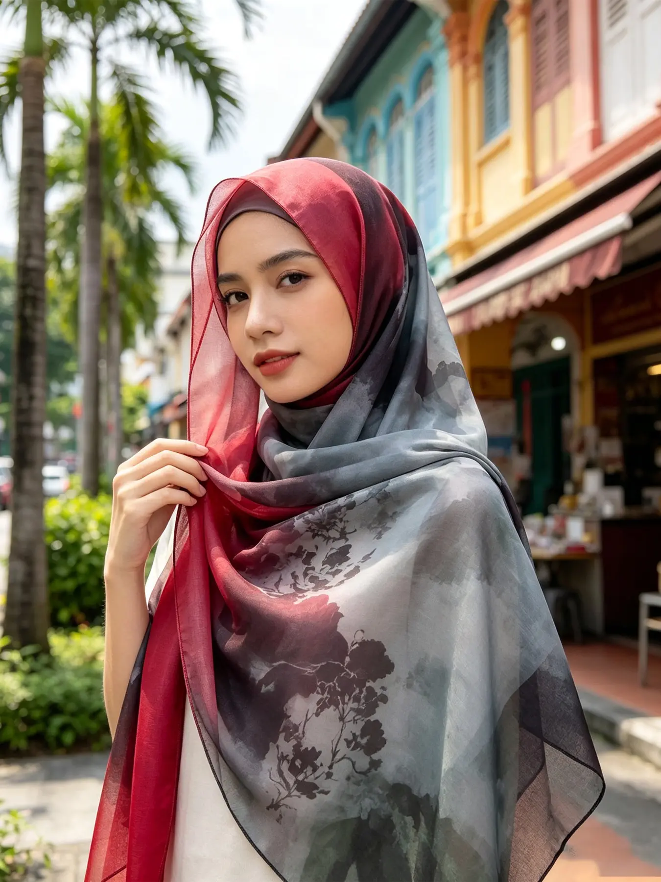 Artistic Landscape Ink-Wash Chiffon Hijab, Lightweight Breathable Long Shawl, Aesthetic Abstract Pattern Headscarf for Muslim Women