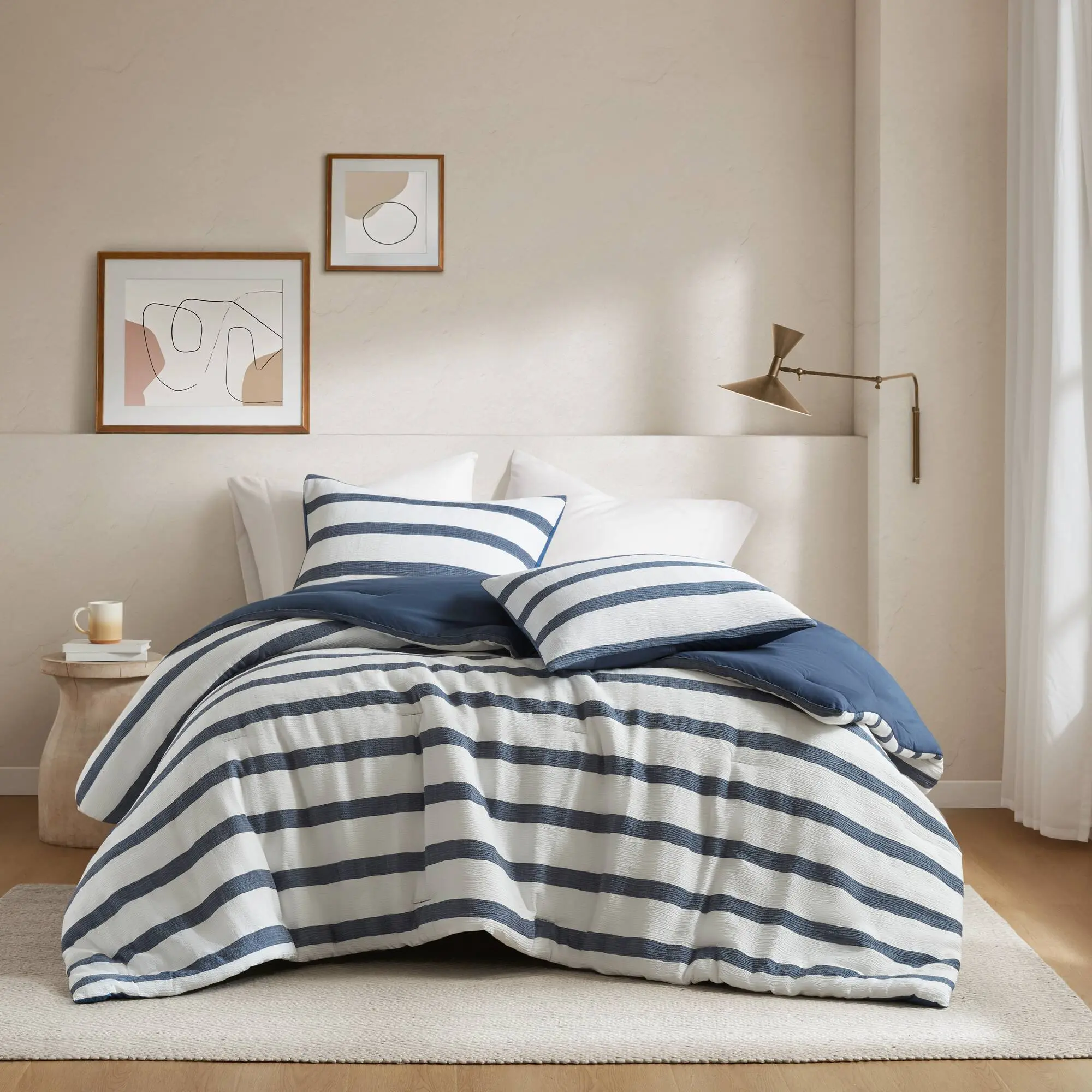 Nokaa 3-Piece Full/Queen Yarn-Dyed Striped Comforter Set – Soft Cotton Blend Bedding with Matching Pillow Shams, Lightweight Reversible Design for Bedroom Guest Room Dorm All-Season Use, Multiple Options