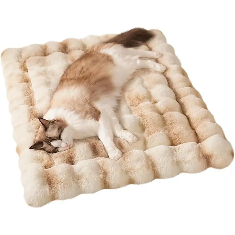 Cat Bed, Plush Faux Fur Kneading Flat Mat - Machine Washable Fluffy Pet Bed for Indoor Cats, Non-Slip Small Kitten Bed, Therapeutic Knead Cat Mat for Couch & Window Sill, 23"×15" Inch,Camel