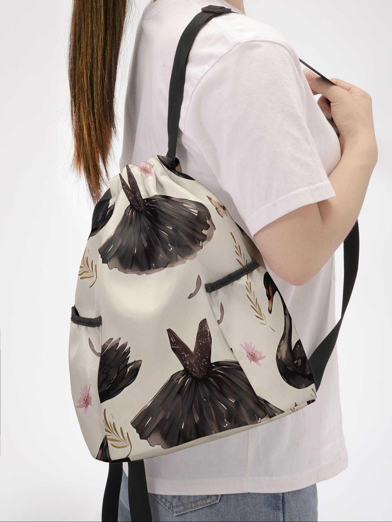 Swan Print Drawstring Backpack, Large Capacity Durable Fitness Bag, Adjustable Straps, Sports Beach Bag for Men & Women