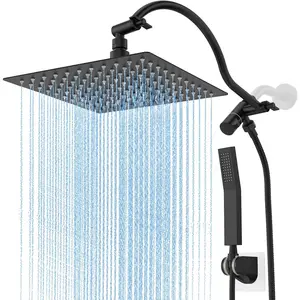 Metal 10" Rain Showerhead with Handheld  Combo, Rainfall Overhead Shower Set with 12.6" Adjustable Extension Arm&Adhesive Bracket for  Families Matte Black Waterfall Shower  with Hose