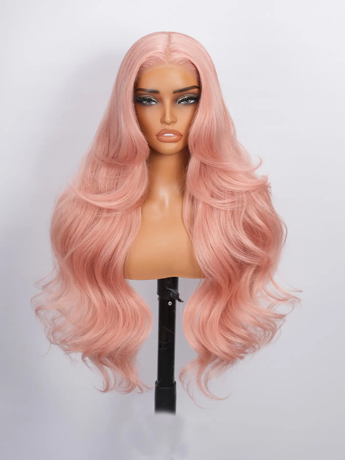 T-Part Lace Front Wig 28 Inch Body Wave Layered Wig Synthetic Hair Pre Plucked Pre Cut Natural Hairline Pink Color Wavy Cosplay Costume Wig for Women Synthetic Wigs