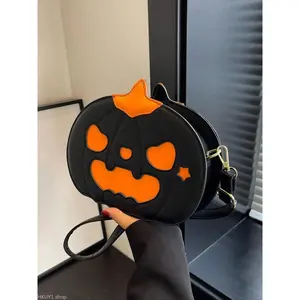 Women Halloween Pumpkin Crossbody Bag Cute Jack O Lantern Shoulder Bag Black Orange Contrast PU Leather Round Mini Handbag Adjustable Strap Zipper Closure Daily Casual Party Costume Outfit Accessory TikTok Spooky Season Y2K Aesthetic Streetwear Bag