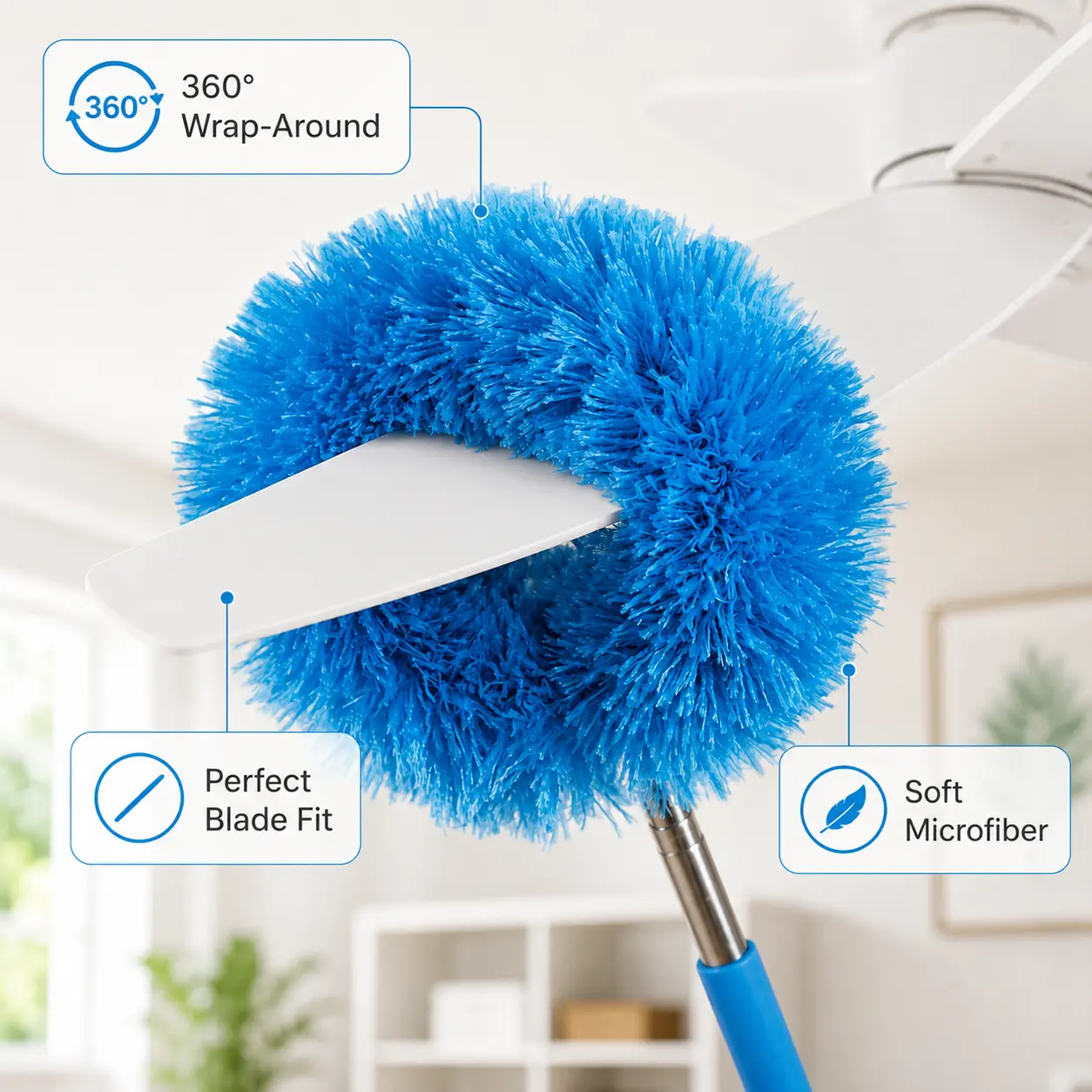 Microfiber Feather Duster with Telescopic Handle, Washable Long Reach Dusting Tool for Ceiling Fan, AC Vent, Window Blinds & Furniture