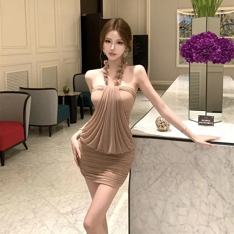 Women Mesh Halter Strapless Mini Dress Summer Sleeveless Pleated Bodycon Party Club Short Dresses