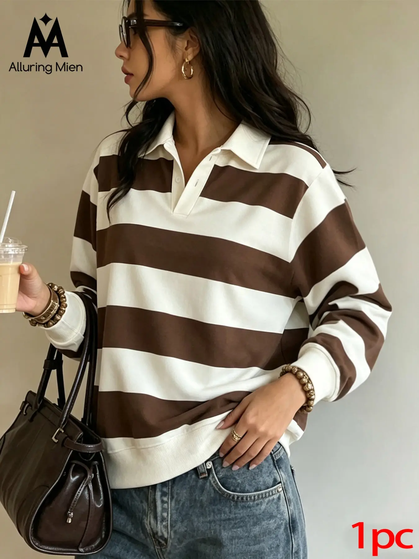 Women's Vintage Wide Striped Collar Polo Shirt, Fall Winter Loose Oversized Polo Top Long Sleeve Casual Top, Patchwork Commute Sweatshirt