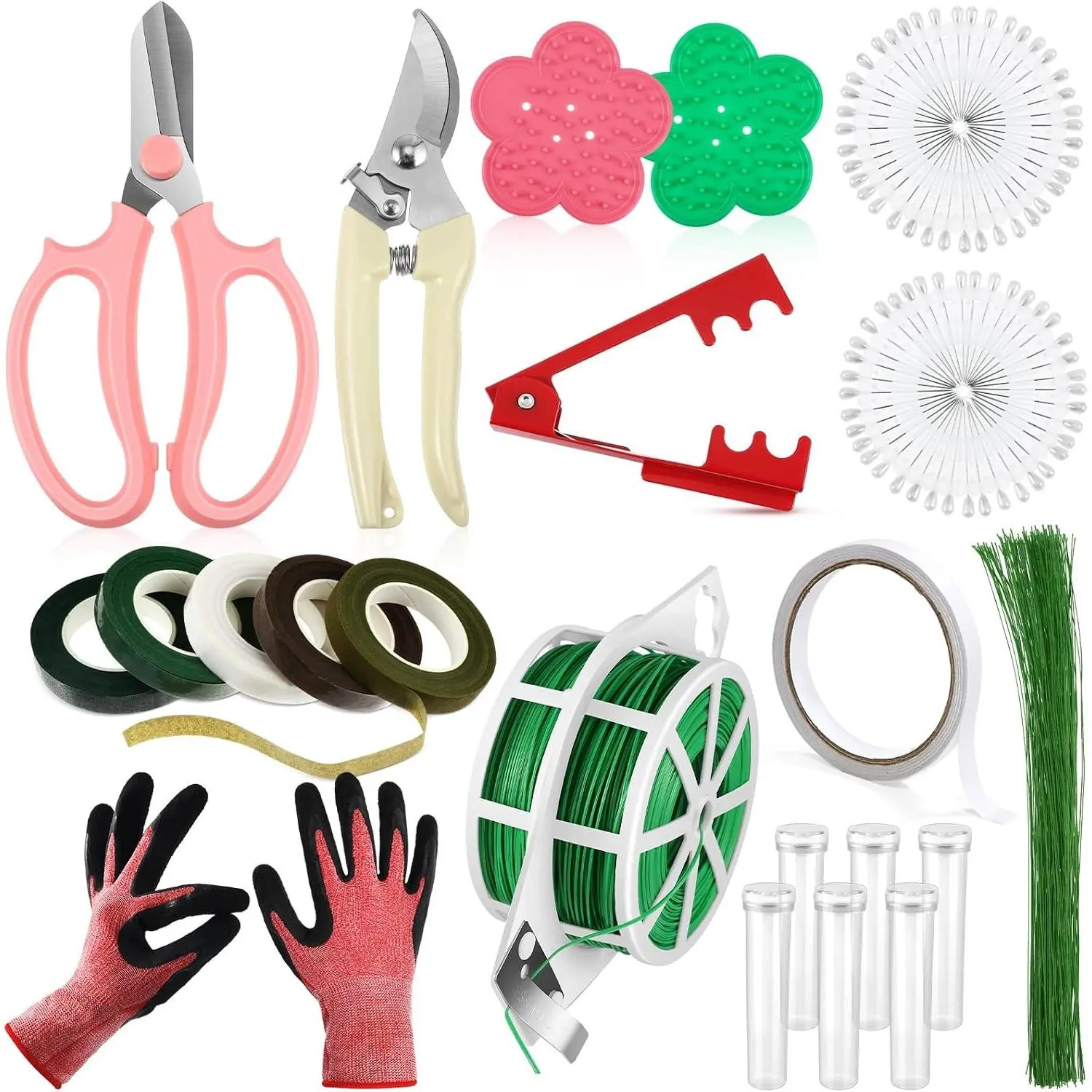 Gifts for Mom Women,121 Pcs Floral Arrangement Tool Kit, Rose Thorn Remover Pruner Trimmer Gloves 22/26 Gauge Paddle Tie Stem Pearl Corsage Pin Pruning Shears, Florist Tool(Bright Color)