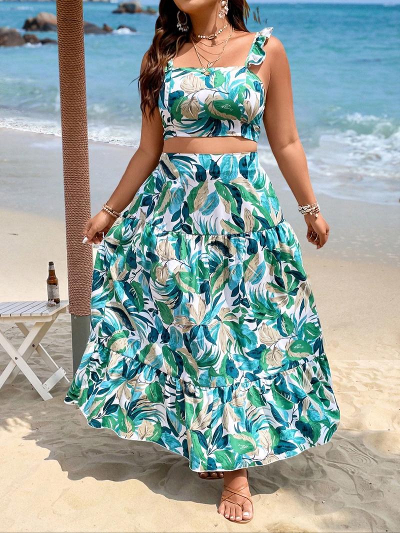 【Plus Size】 Leaf Print Crop Top & Skirt Set, Boho Fashion Casual Two-piece Set for Beach Vacation Holiday, Women's Clothing for All Seasons