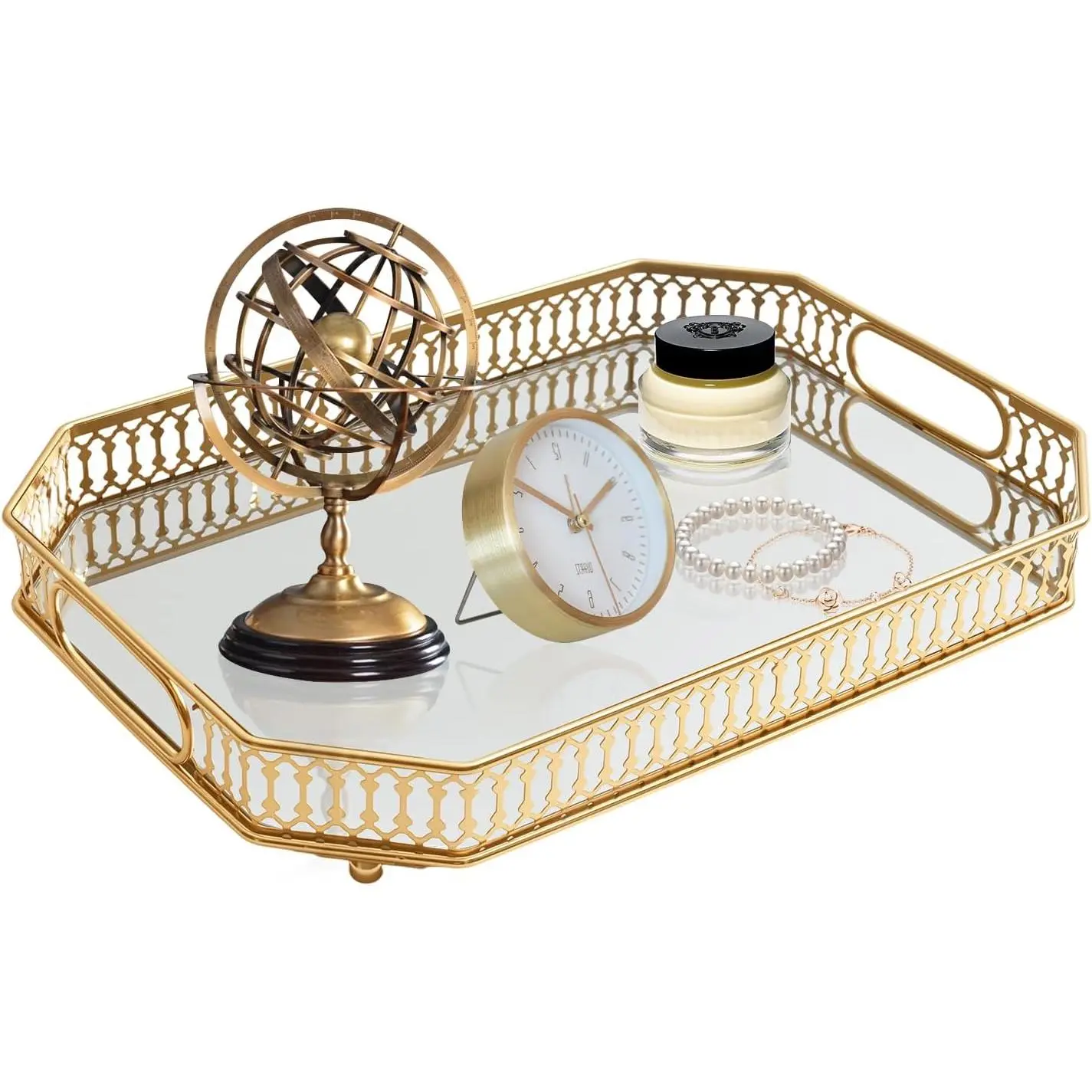Vintage Gold Mirrored Vanity Mirror Tray Decorative Perfume and Makeup Organizer with Handles for Dresser,Bathroom or Jewelry Display, Decor Home Large Size (Large)| Decorative, Perfume and Makeup Organizer, With Handles, For Dresser, Bathroom or Jewelry