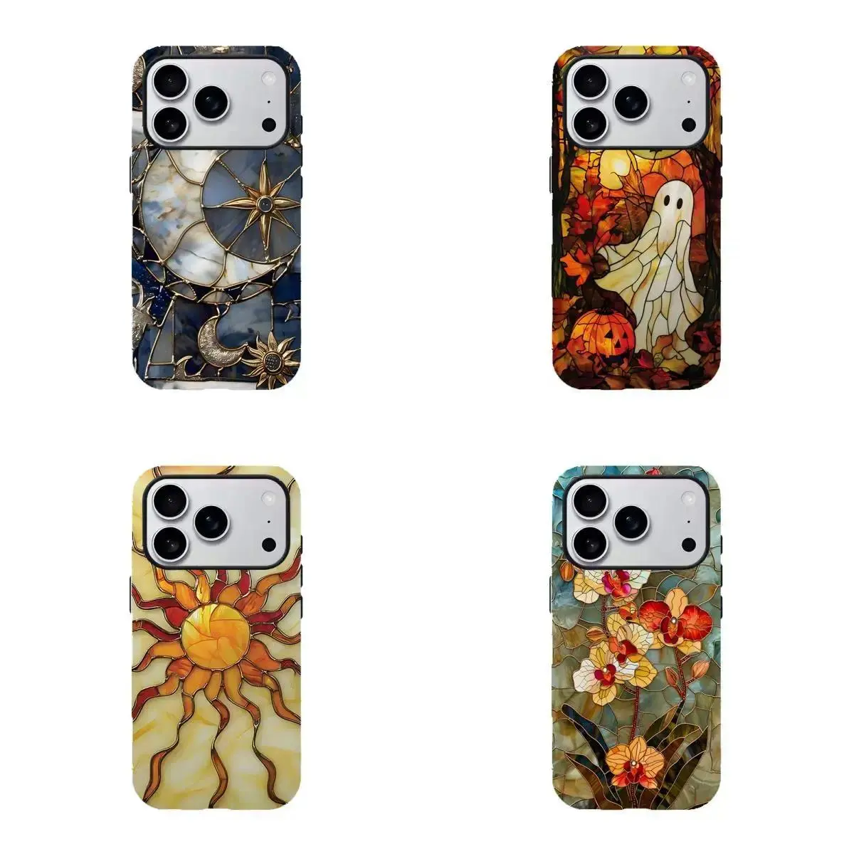 M-Moon And Stars Celestial Stained Glass Printed Phone Case|For iPhone 17 16 15 14 13 12 11 for Samsung Phone Case| Tough phone case |Celestial Stars Print Fashion Trendy High Quality Design | Halloween gift Protection Protective Animal Colorful Personali