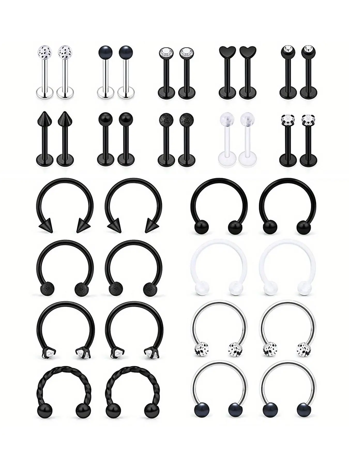 36-Piece Stainless Steel U-Shape Nose Ring Lip Stud Tragus Piercing Jewelry Set, Nose Rings Studs, Unisex Body Jewelry, 16g 8mm