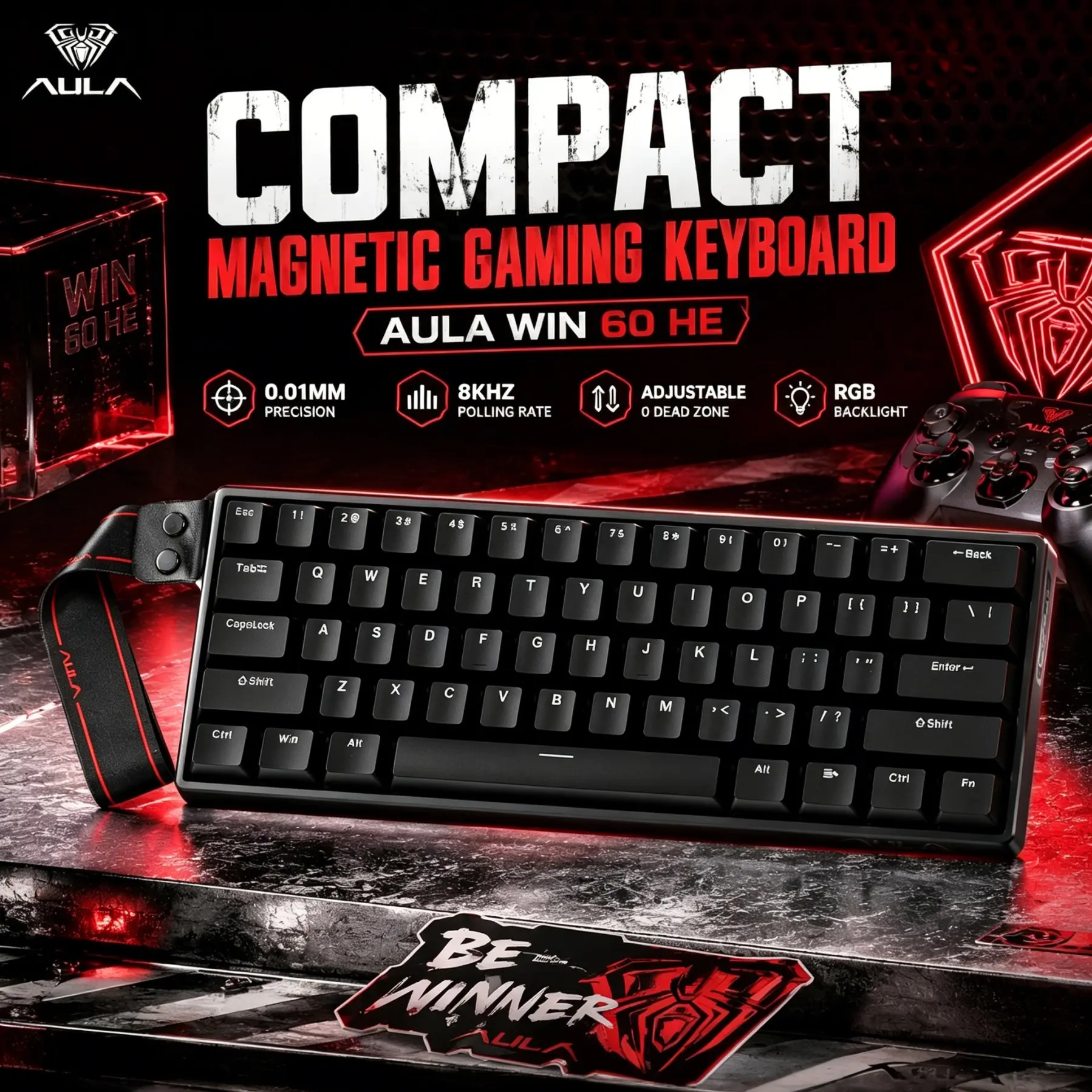 Aula Win60 He Magnetic Axis Gaming Keyboard, 8k Report Rate, Adjustable Rt, 60% Compact RGB Wired Keyboard, Fps Game Dedicated, RGB Lighting Keyboard