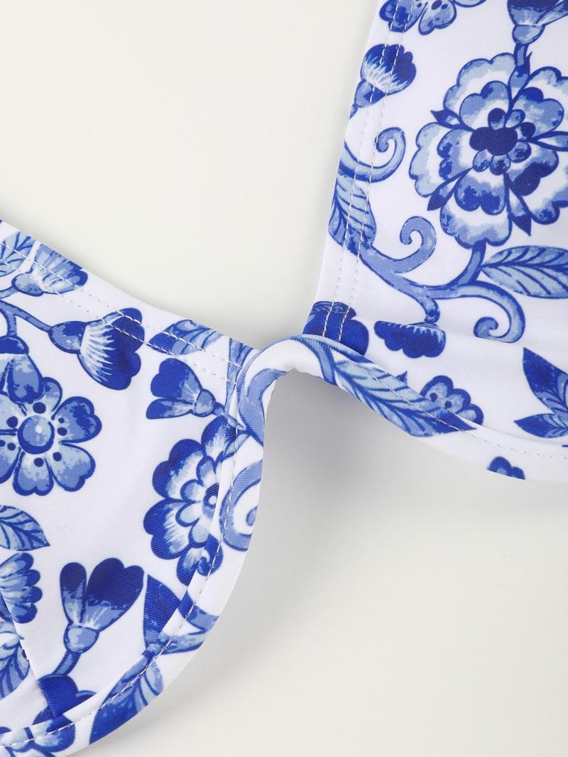 Women's 2pcs Floral Print Bikinis Set, Push Up Swim Bra & High Cut Swim Bottom, Fashion Chic Swimwear for Summer Beach Holiday Vacation, Push Up Swimsuit