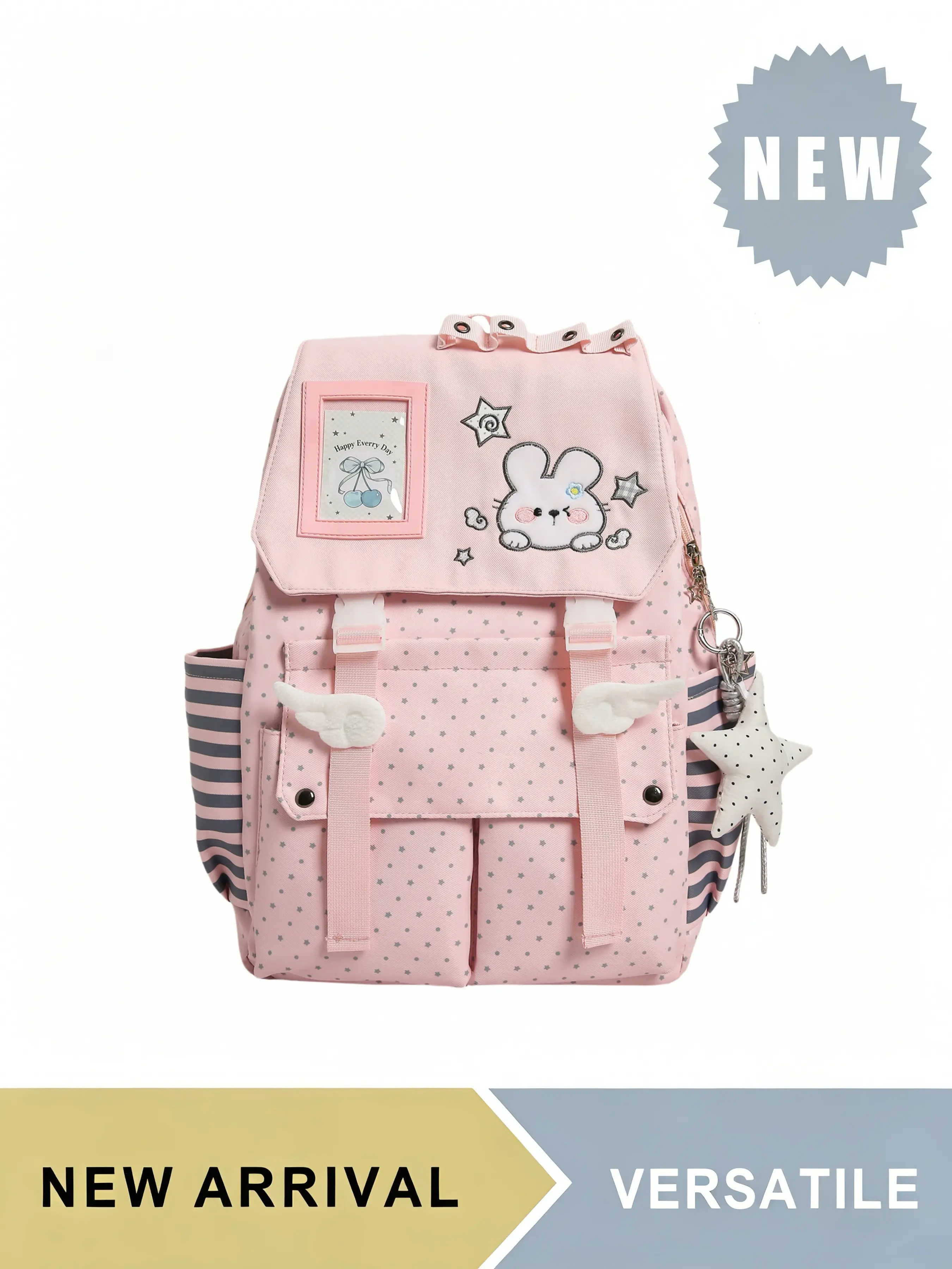 Kawaii Bunny Print Polka Dot Backpack, Casual Backpack for Teen Girls, Cartoon School Daypack with Star Pendant & Wing Decor, Large Capacity Lightweight Bag for Hiking Trekking Travel Commute Daily Use, Adjustable Padded Shoulder Straps, Multiple Colors