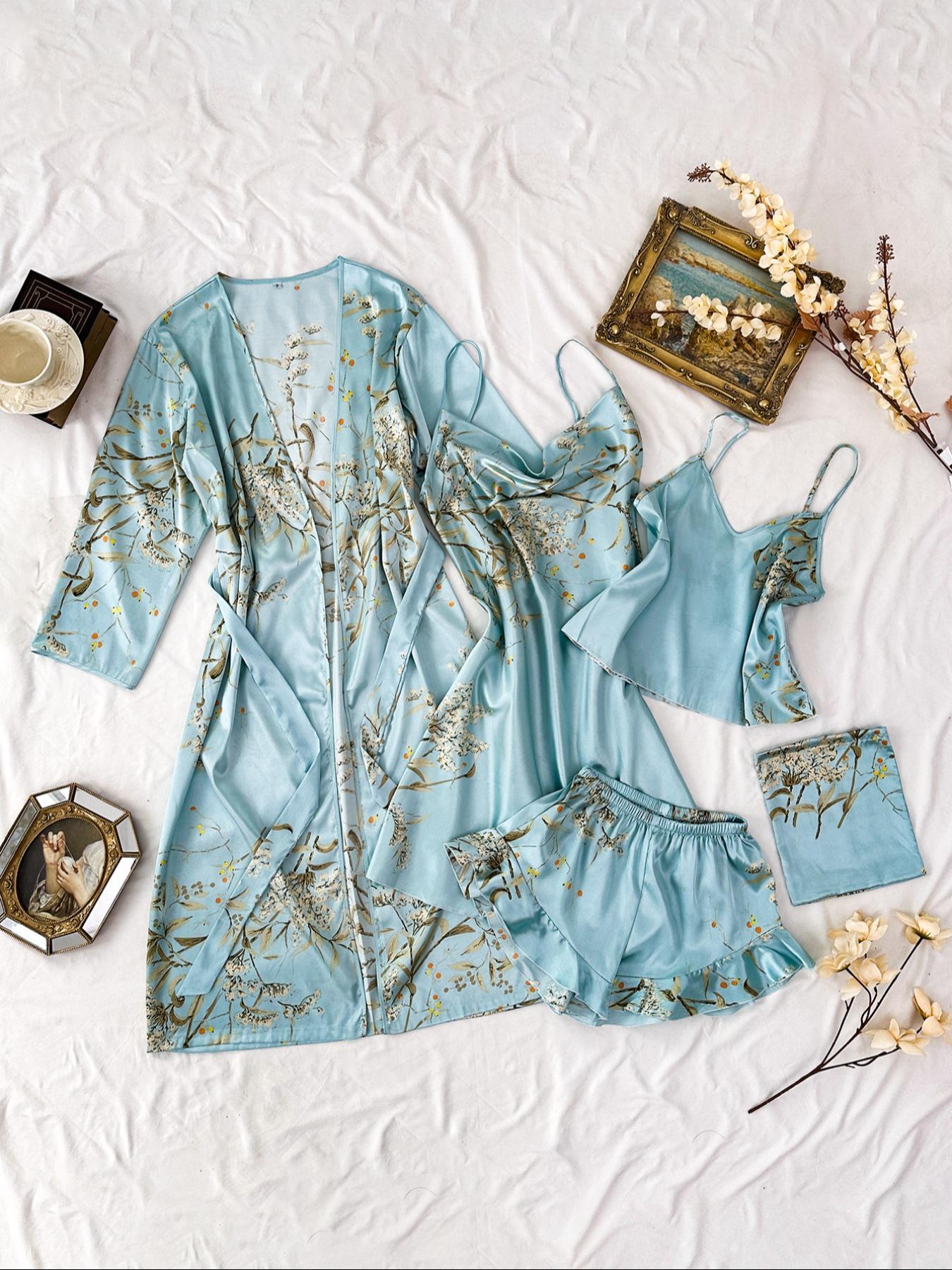 Women's Plant Print Satin Pajama Set with Belted Robe, Cowl Neck Cami Nightdress, Backless Cami Top, Elastic Waist Shorts & Storage Bag, Casual Comfortable Women's Sleepwear