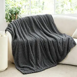 Soft Touch Knitted Textured Plush Sofa Blanket, Dark Grey Solid Shade Warm Fluffy Fuzzy Bed Throw, Stain Resistant Easy Care Washable Household Blanket for Camping Lounging Daily Indoor Use