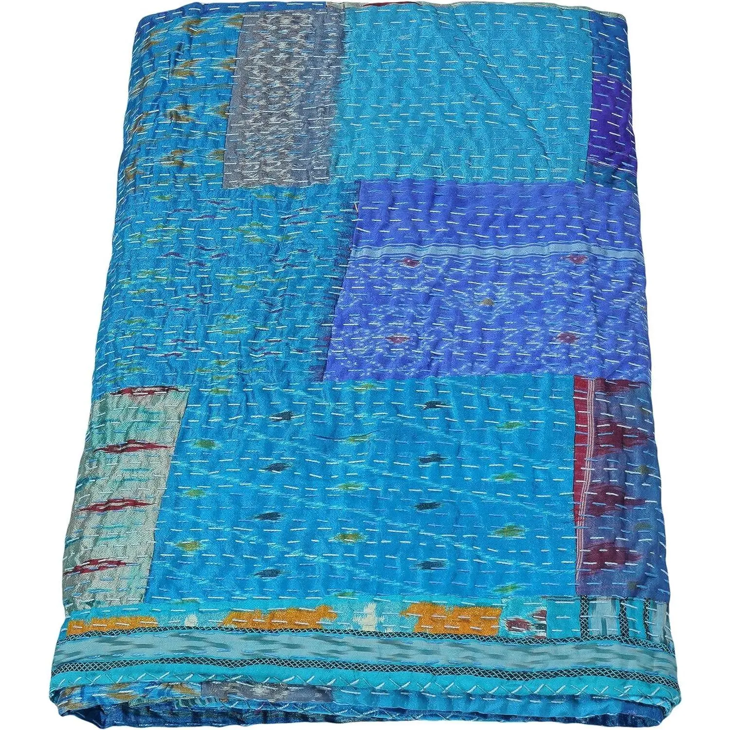 Indian Indian Silk Sari Kantha Quilted Patchwork, Silk Kantha Blanket Throw, Boho Vintage Bedspreads Turquoise 60" x 40"