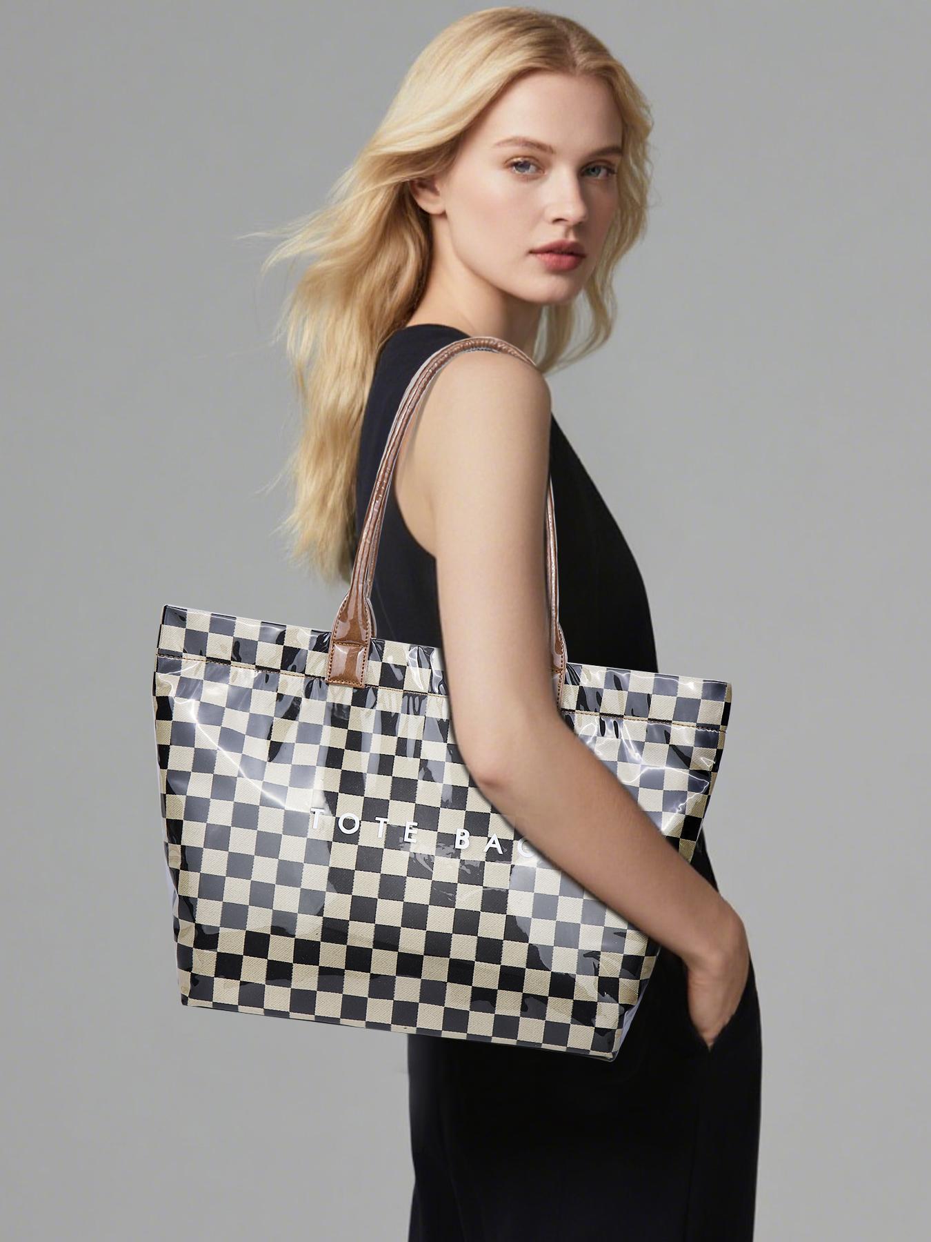 Checkerboard Pattern Stylish Tote Bag, Casual Versatile Handheld Bag, Minimalist Transparent Commute Large Capacity Bag for Women