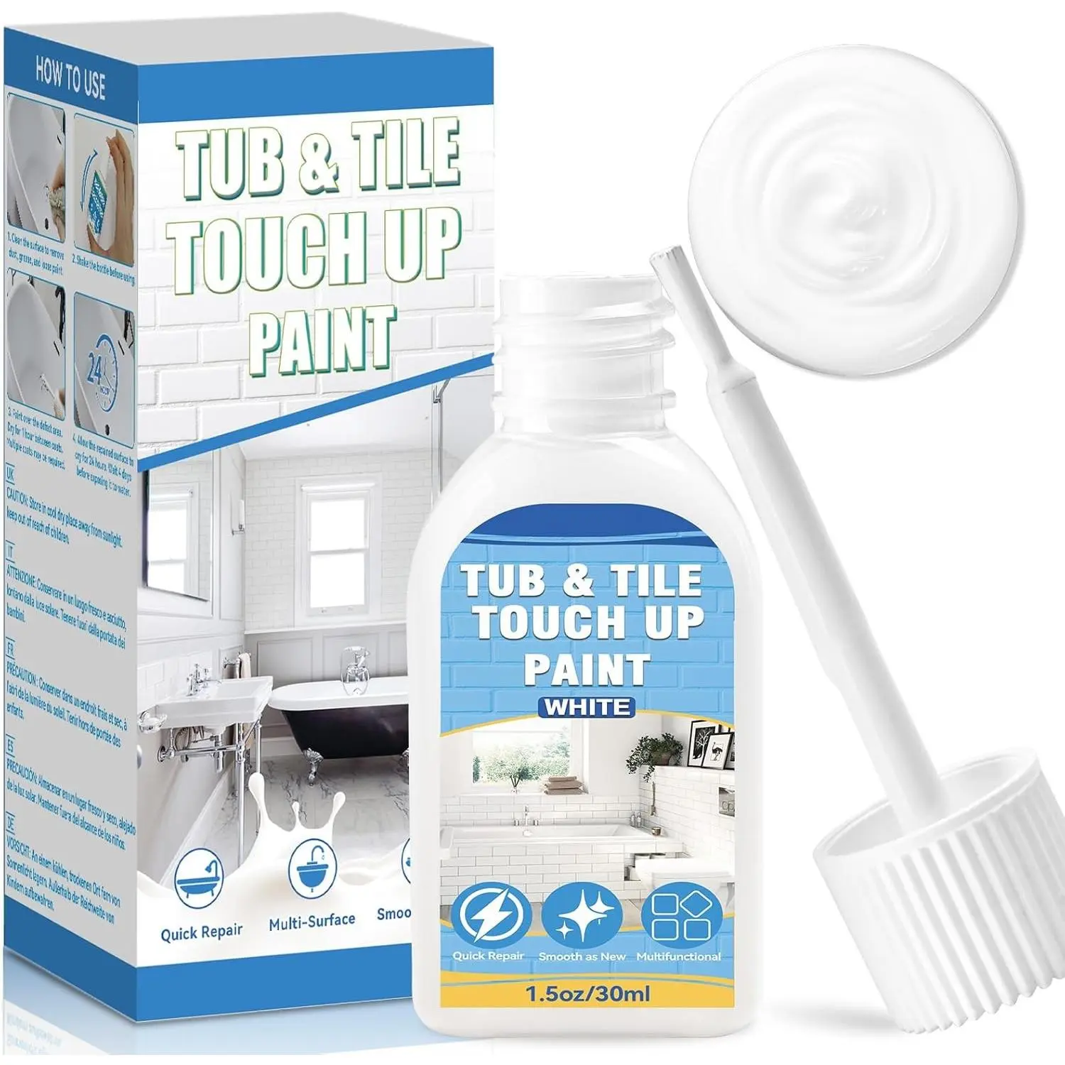 Tub and Tile Paint, White Touch Up Paint Pen for Bathtub, Repairs Countertops, Sinks, and Appliances, Porcelain Paint for Any Scratches Spots on Ceramic, Enamel, 1.5 fl Oz