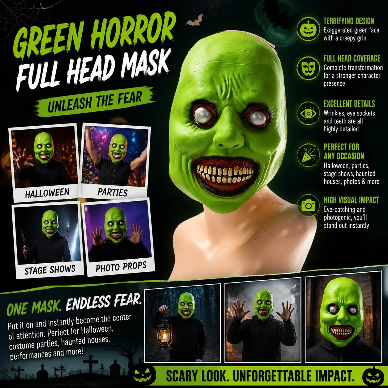 Horror Zombie Monster Mask, Halloween Latex Full Head Mask, Costume Party Cosplay Prop, Perfect for Halloween, Christmas, Birthday Parties