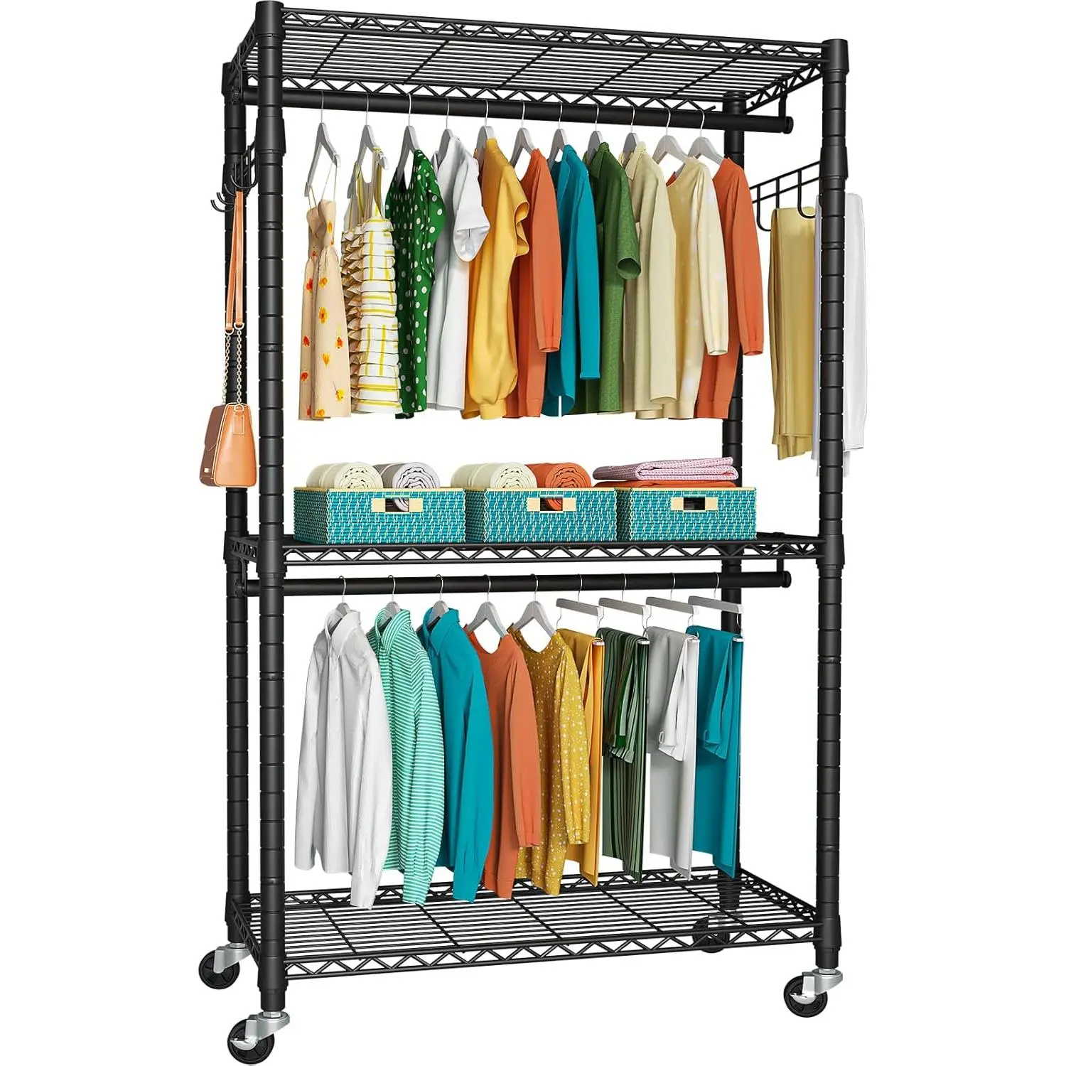 Heavy Duty Garment Rack, Rolling Closet Organizer with Wheels | 3-Tier Freestanding Metal Clothes Clothing Wardrobe System with Double Hanger Rods and Hooks, Max Load 450lbs, Black