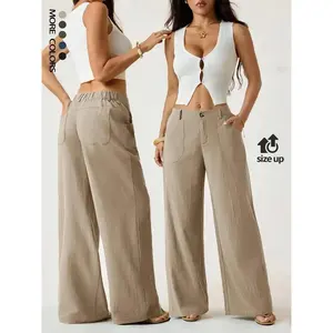 Women's Classic Linen Palazzo Pants, Summer Flowy Wide-Leg Beach Trousers with Pockets, Casual Solid-Color Soft Elastic Lounge for Travel, Work & Streetwear Outfit, Outdoor, Commuter Style, Wide Leg Fit。。