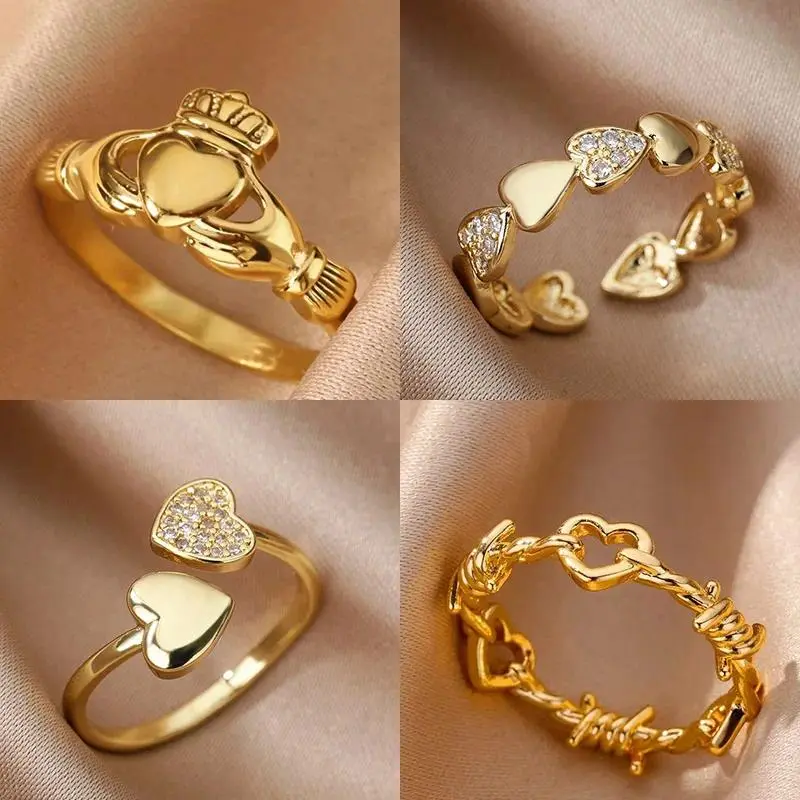 Elegant Classic Claddagh Rings For Women 18K Gold Plated Stainless Steel Celtic Knot Ring Wedding Party Jewelry Gift