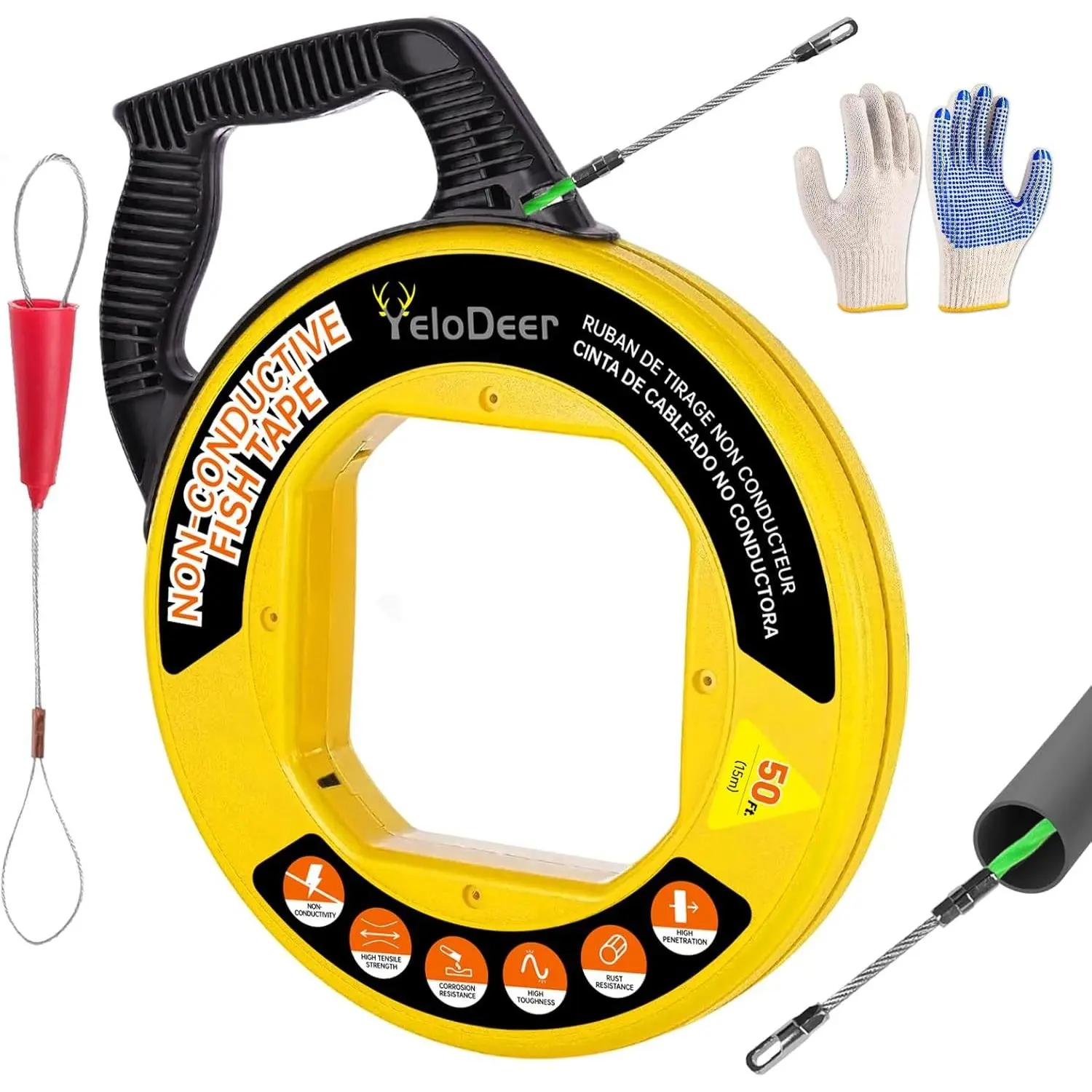 Fish Tape Wire Puller, 50 FT x 4.5 mm PET Wire Fishing Tool with Gloves for Wall Conduit