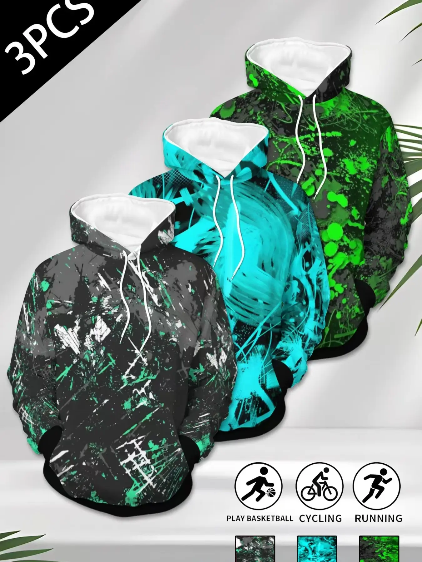 3-Pack Men's American Style Splatter Graffiti Multi-Design Hoodies, Casual Long Sleeve Hooded Sweatshirts, Regular Fit Knit Fabric