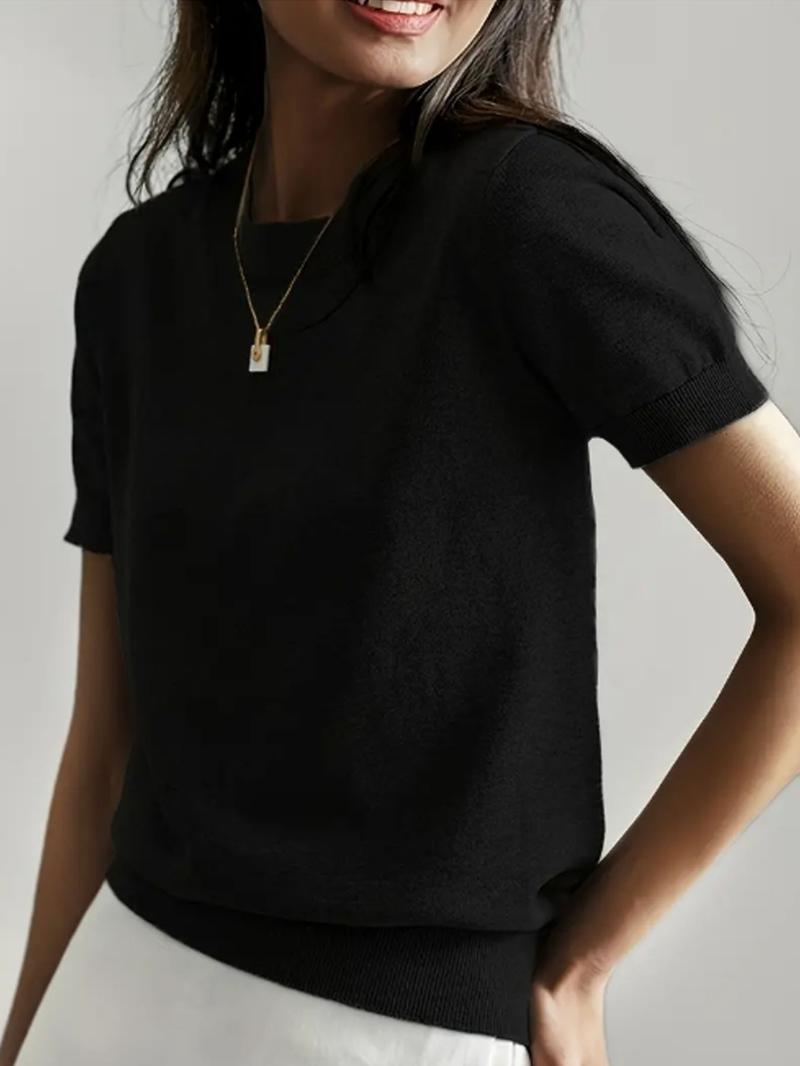 Women's Solid Color Crew Neck Short Sleeve Sweater, Casual Basic Knit Pullover for Spring & Fall, Fashion Women's Knitwear for Daily Wear, Womenswear