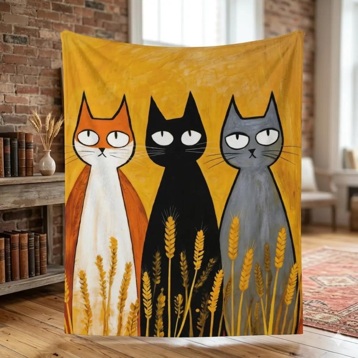 Mustard Yellow Folk Art Cats Flannel Blanket, Vintage Cute Kitten Throw Blanket for Bed & Couch, Whimsical Farmhouse Room Decor, Cozy Birthday Christmas Holiday Gift for Women Kids Cat Lovers