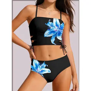 Girls Swimsuits Gingham Cut Out Drawstring Retro Bathing Suits 2 Piece Tankini Swimwear 9-16Y