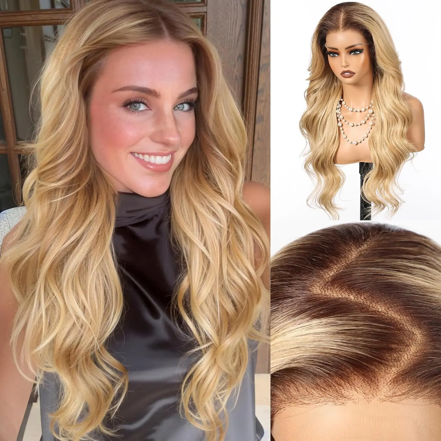 13×6 Glueless Lace Front Wavy Wig, 26 Inch Lace Synthetic Wigs for Women Honey Blonde Color