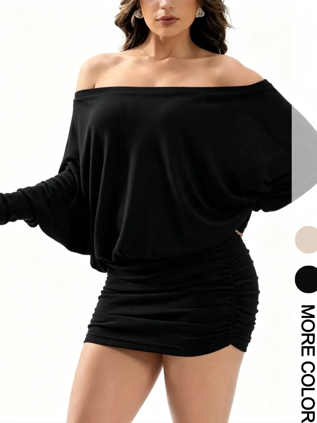Women's One-Shoulder Strapless Dress, Chic, Loose Batwing Long Sleeve, Waist Cinch, Side Pleated Tight Body Short Skirt, Elastic Knit Slim Fit