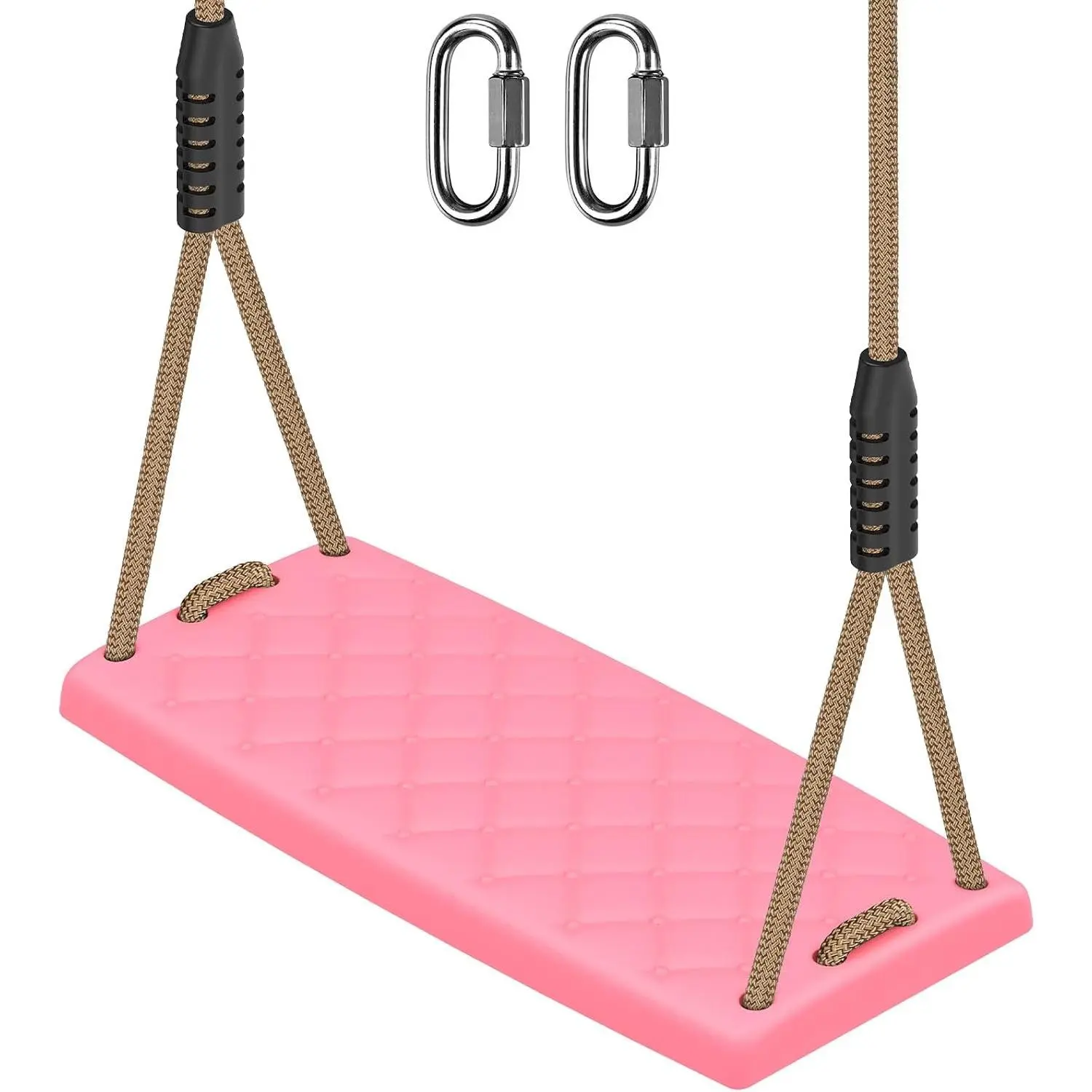 Heavy Duty Swing Seat with Adjustable Rope, 300lbs Capacity Non-Slip Plastic Tree Swing for Kids, Playground Swing Set Accessories Replacement with Snap Hooks for Indoor Outdoor Use (Pink)