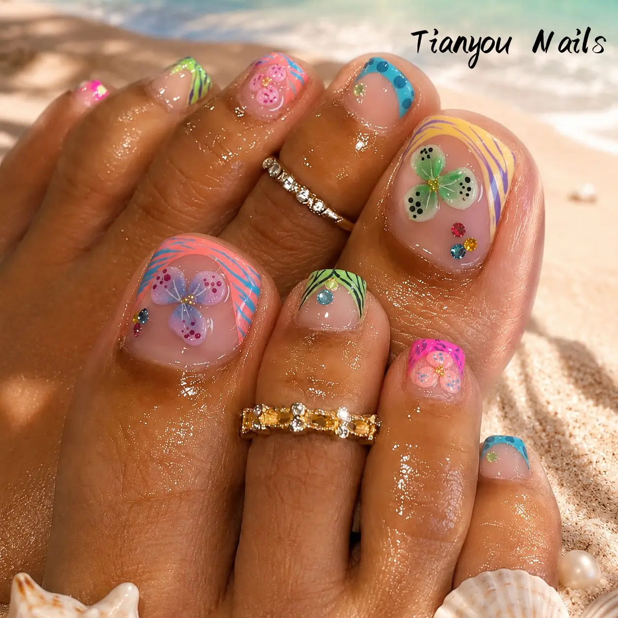 24pcs Summer Press-On Toe Nails with Tropical Flowers, Y2K Floral Fake Toenails with Rhinestones, Shiny Square Toe Nail Stickers, Decorative Nails, Nail Design, Great for Beach Vacations, Parties, Cocktail Nights, Nail Art Products
